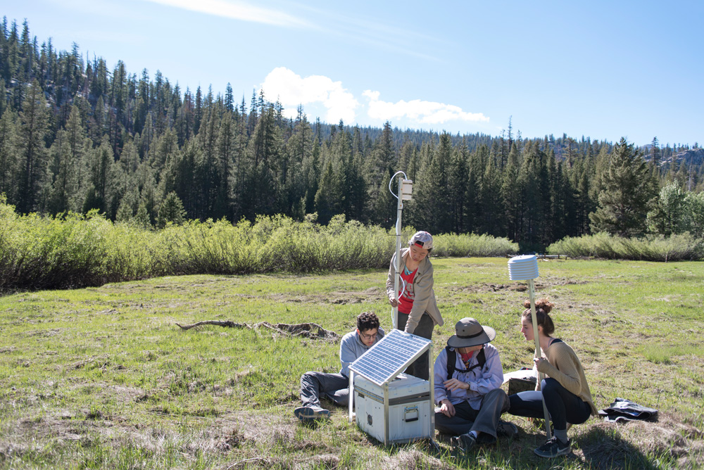 students and a professor out in the wilderness conducting an experiment with solar panels