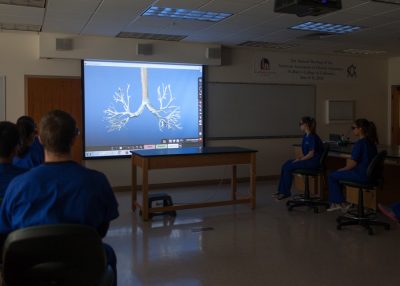 Image shows student watching a large screen explaining the human lungs